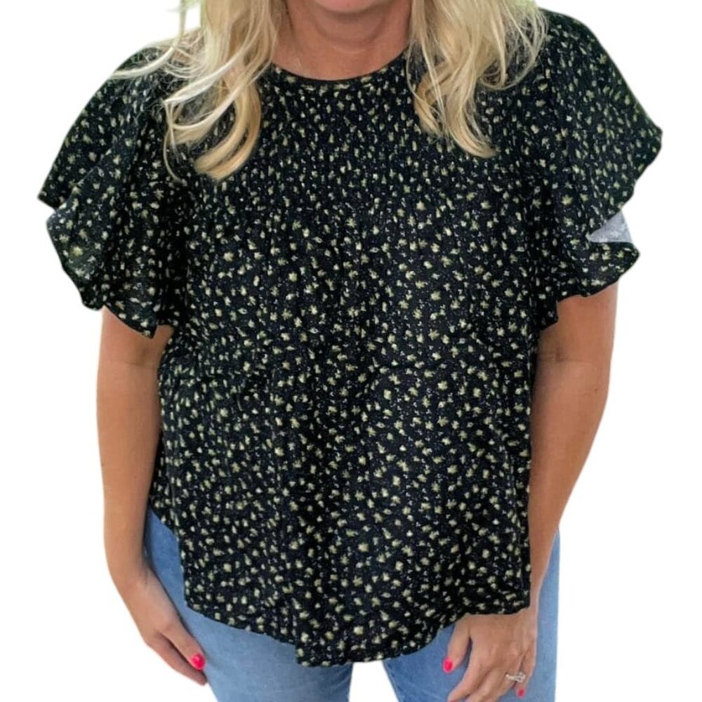 NEW Large LuLaRoe Maddy Flutter Sleeve Smock Top Black Shirt Short Comfy Floral
